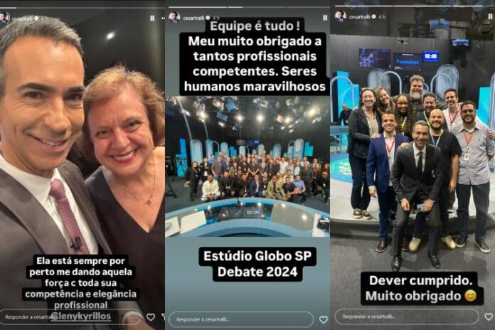 César Tralli compartilhando as fotos que tirou com toda a equipe do debate da TV Globo (Reprodução: Instagram)