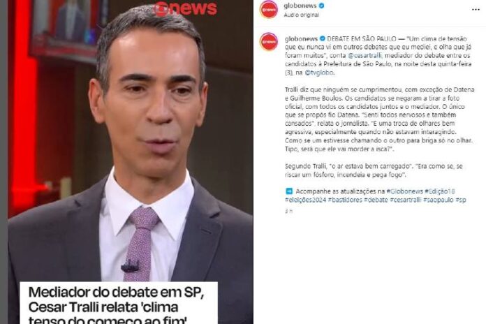 César Tralli relatando os bastidores do debate de SP aos telespectadores (Reprodução: GloboNews/GloboPlay)