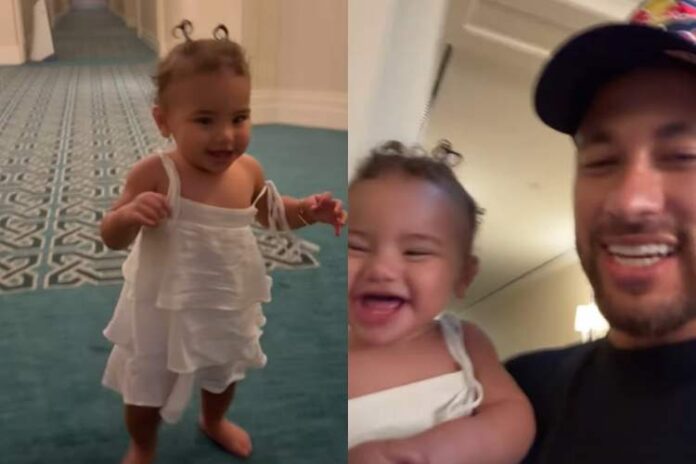 Neymar brincando com a Mavie no corredor do hotel (Reprodução: Instagram)