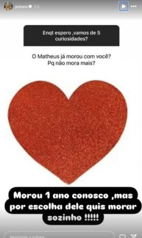 Poliana respondendo uma pergunta curiosa sobre Matheus Vargas (Reprodução: Instagram)