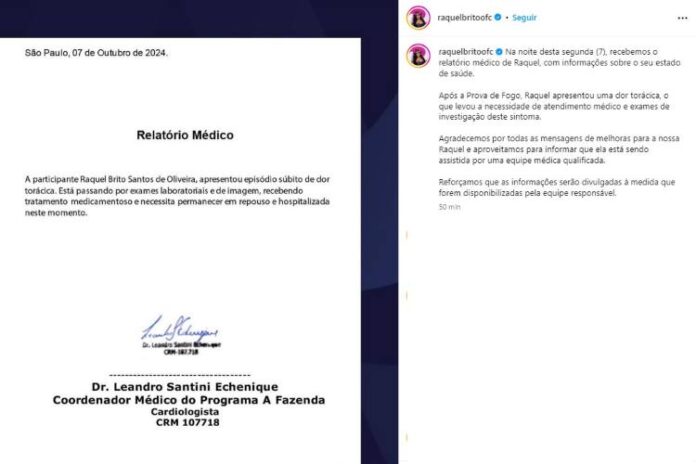 O relatório médico divulgado pela equipe de Raquel Brito (Reprodução: Instagram)