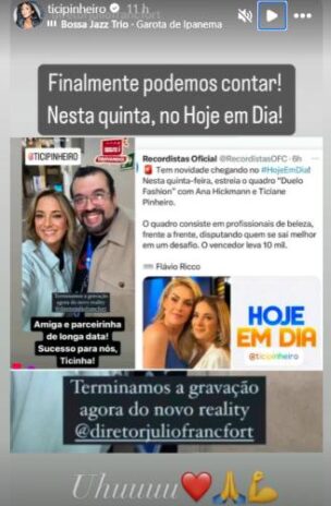 Ticiane Pinheiro comemorando a novidade do Hoje Em Dia (Reprodução: Instagram)