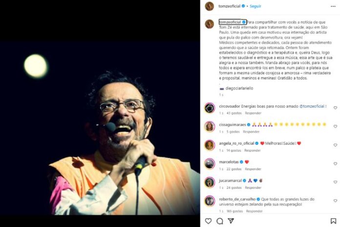 Confira o comunicado da internação de Tom Zé no Instagram 