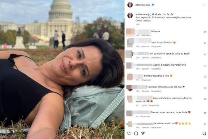 Adriana Araújo relatando seu cansaço após os dias de trabalho na cobertura da eleição americana e sendo elogiada pelos seguidores (Reprodução: Instagram)