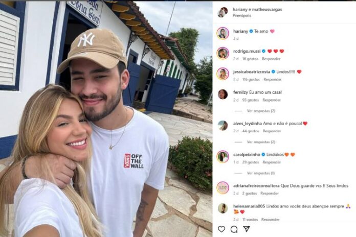 Hariany Almeida se declarando para o Matheus Vargas nas redes sociais (Reprodução: Instagram)