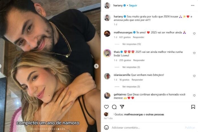 Hariany celebrando as conquistas de 2024 e citando o Matheus Vargas (Reprodução: Instagram)