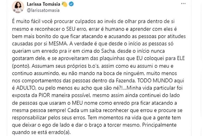 Larissa fez desabafo em rede social