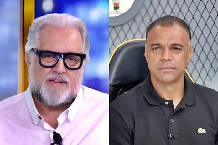 Leão Lobo, jornalista e apresentador do TV Fama, e Denilson, comentarista do 'Jogo Aberto' (Reprodução: RedeTV/Band TV)