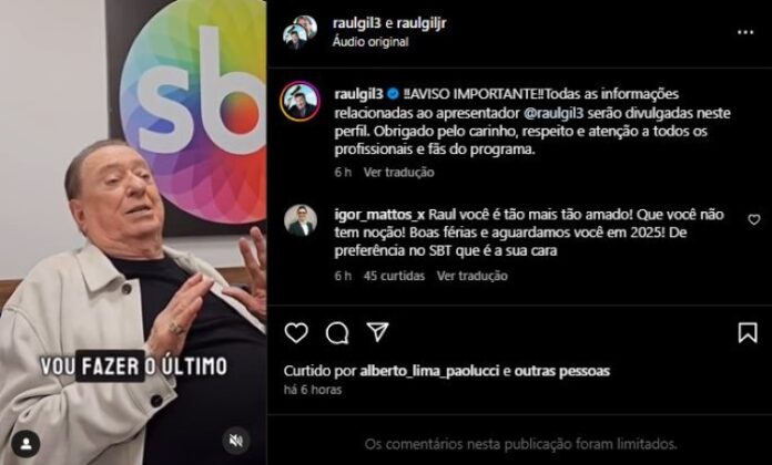 Raul Gil fez uma publicação após rumores 