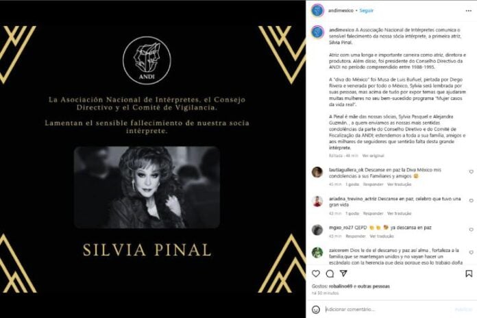 Associação Nacional de Intérpretes do México comunicando a morte a artista (Reprodução: Instagram)