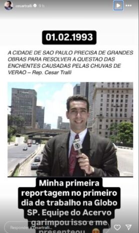 César Tralli mostrando qual foi sua primeira reportagem (Reprodução: Instagram)