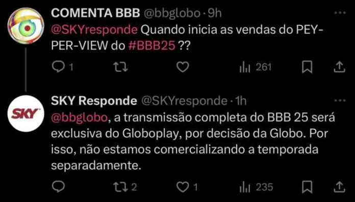 Comentário do Sky Responde sobre o pay-per-view do BBB (Reprodução/X)