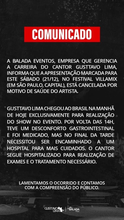 Gusttavo Lima tem show cancelado