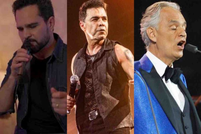 Luciano, Zezé Di Camargo e Andrea Bocelli (Montagem/Área VIP/TikTok/Divulgação/X)