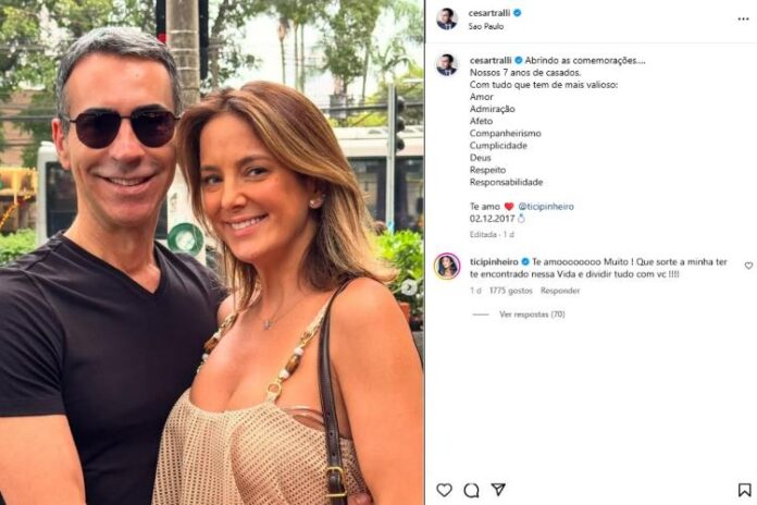  César Tralli celebrando o casamento no domingo (Reprodução: Instagram)