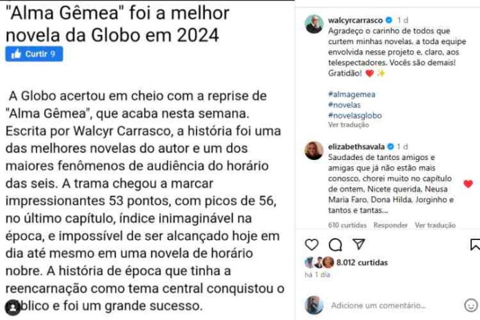 Publicação de Walcyr Carrasco (Reprodução/Instagram)