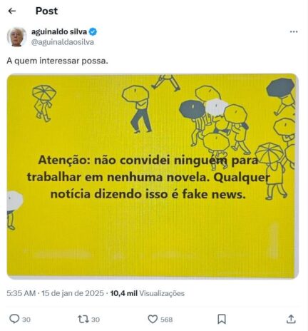 O pronunciamento de Aguinaldo Silva sobre o assunto (Reprodução: X/Twitter)