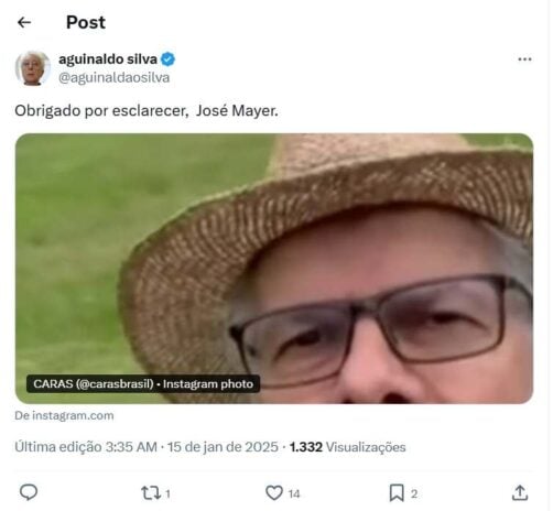 Aguinaldo Silva mandando um recado ao José Mayer, após negar ter recebido o convite em entrevista (Reprodução: X/Twitter) 