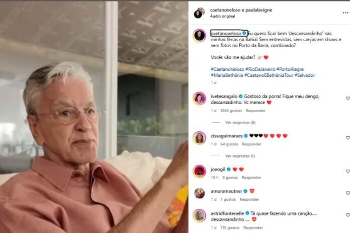 Caetano Veloso anunciando as férias aos seguidores (Reprodução: Instagram)