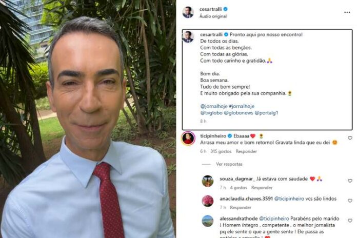 César Tralli celebrando a volta e Ticiane Pinheiro fazendo o comentário (Reprodução: Instagram)