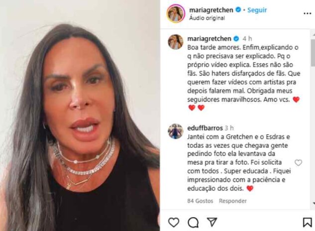 Gretchen se pronunciando sobre o assunto (Reprodução: Instagram)