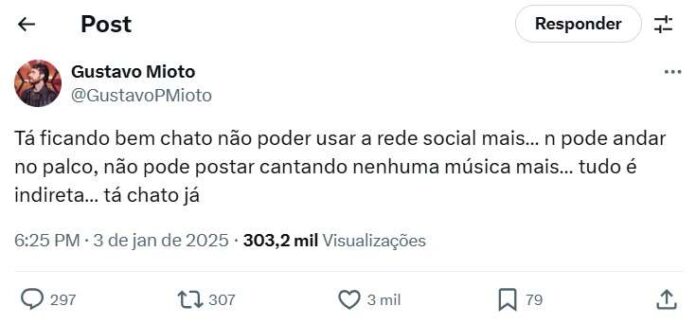 O post de Gustavo Mioto que repercutiu nas redes sociais (Reprodução: X, antigo Twitter)