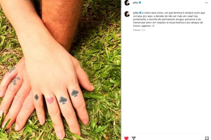 Pitty anunciando o fim de seu casamento com Daniel, baterista do NX Zero (Reprodução: Instagram)