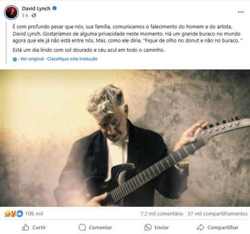 O comunicado da família de David Lynch (Reprodução: Facebook)