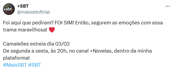 Publicação do +SBT (Reprodução/X)