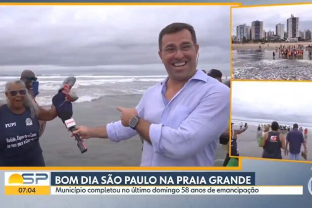 Rodrigo Bocardi na Praia Grande - Foto: Bom Dia SP/Globo