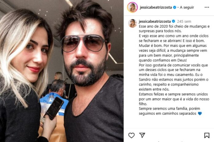 Jéssica Beatriz Costa comunicando o término de casamento com Sandro Pedroso (Reprodução: Instagram)