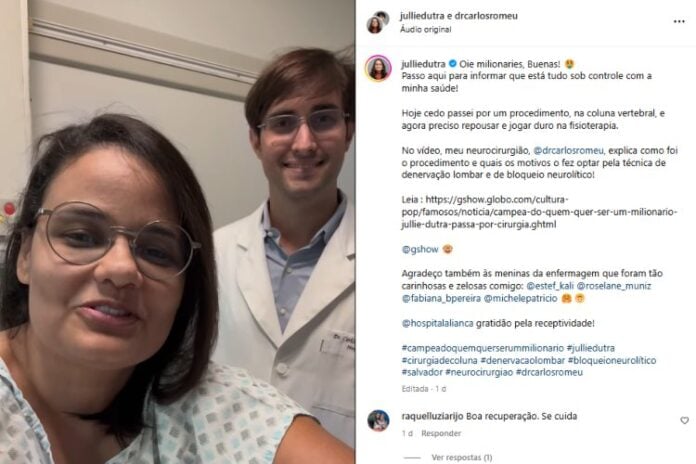 Julie Dutra se pronunciando após a cirurgia (Reprodução: Instagram)