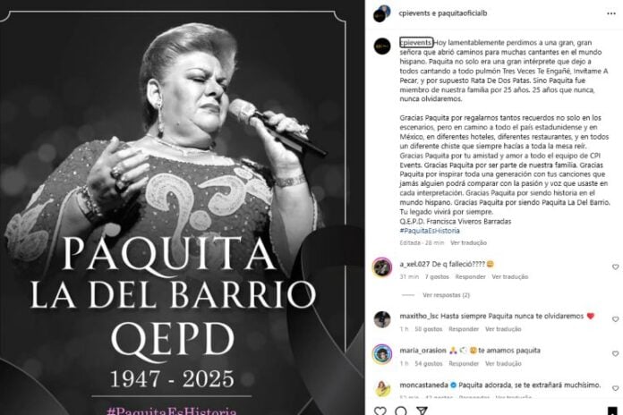 O comunicado nas redes sociais de Paquita la del Barrio (Reprodução: Instagram)