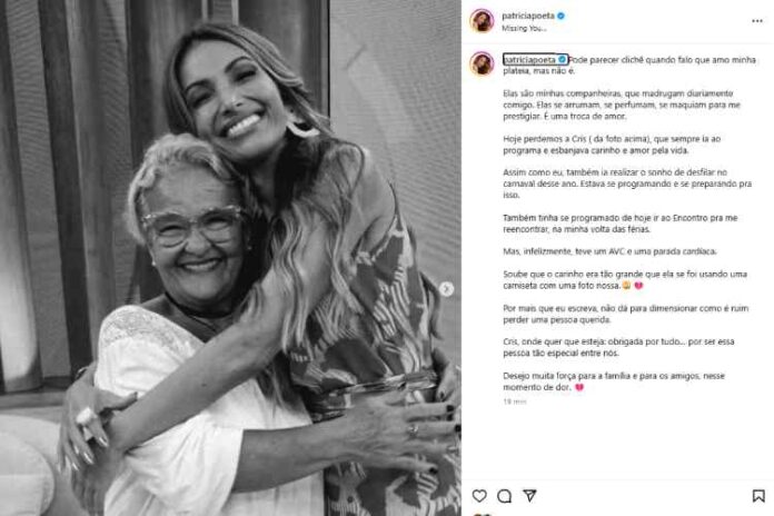 Patrícia Poeta lamentando a morte da Cris (Reprodução: Instagram)