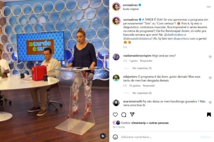 Sonia Abrão revelando o diagnóstico médico e quando volta para a bancada (Reprodução: Instagram)