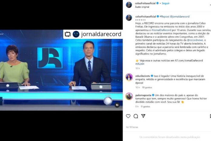 O post de Celso Freitas no qual os jornalistas da Record mandaram um recado para (Reprodução: Instagram)