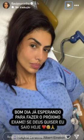 Flávia Noronha contando aos seguidores que estava no hospital (Reprodução: Instagram)