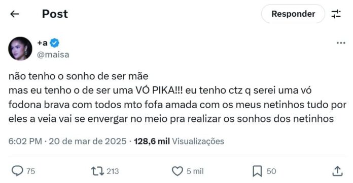 Post de Maísa Silva (Reprodução: X, antigo Twitter)