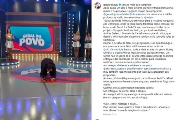 Post do Geraldo Luís sobre sua saída da RedeTV! (Reprodução: Instagram)