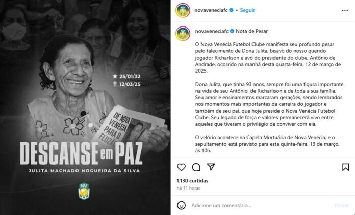 Publicação do Nova Venécia (Imagem: Reprodução / Instagram)