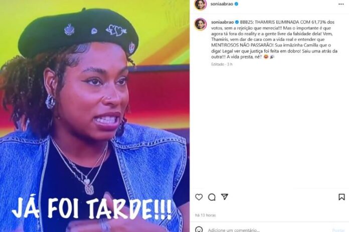 Sonia Abrão comentando sobre a eliminação da Thamiris nas redes sociais (Reprodução: Instagram)