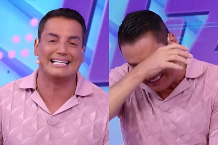Leo Dias emocionado durante sua volta após o problema de saúde (Reprodução: SBT)
