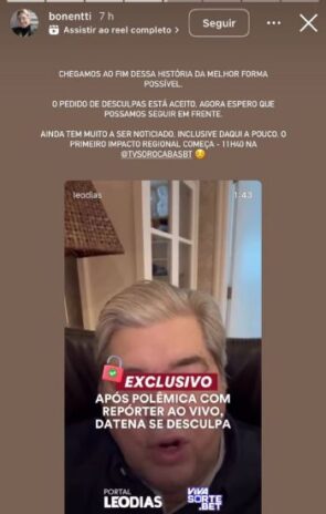 Nicole Bonentti aceitando o pedido de desculpas do Datena (Reprodução: Instagram)